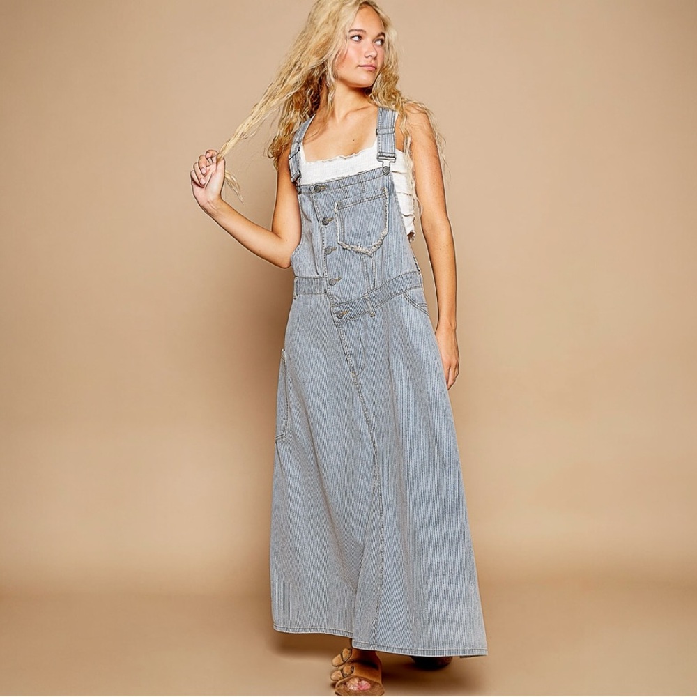 NWT POL Striped Denim Overall Dress - Picture 2 of 8